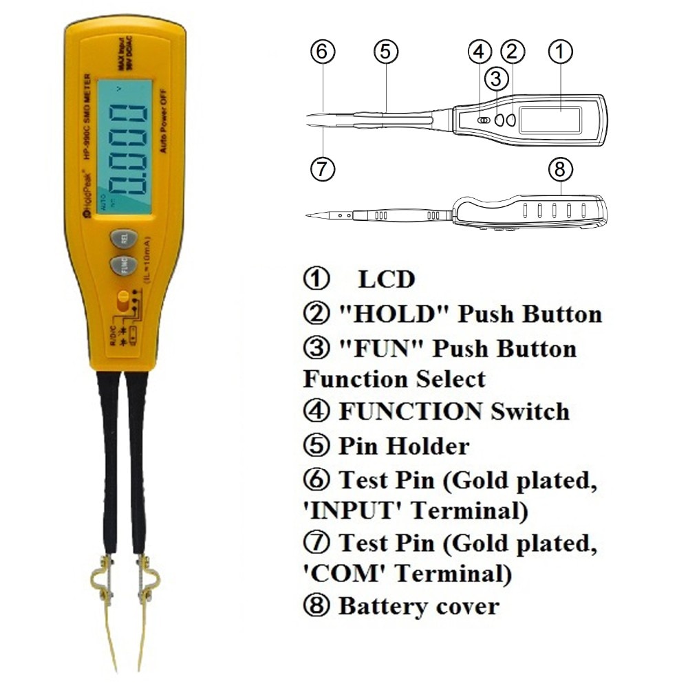 HP-990C Digital Capacitance Meter SMD Tester for Diode Capacitance Resistance Tweezers Meter  Tester with Spare Test Pin. 