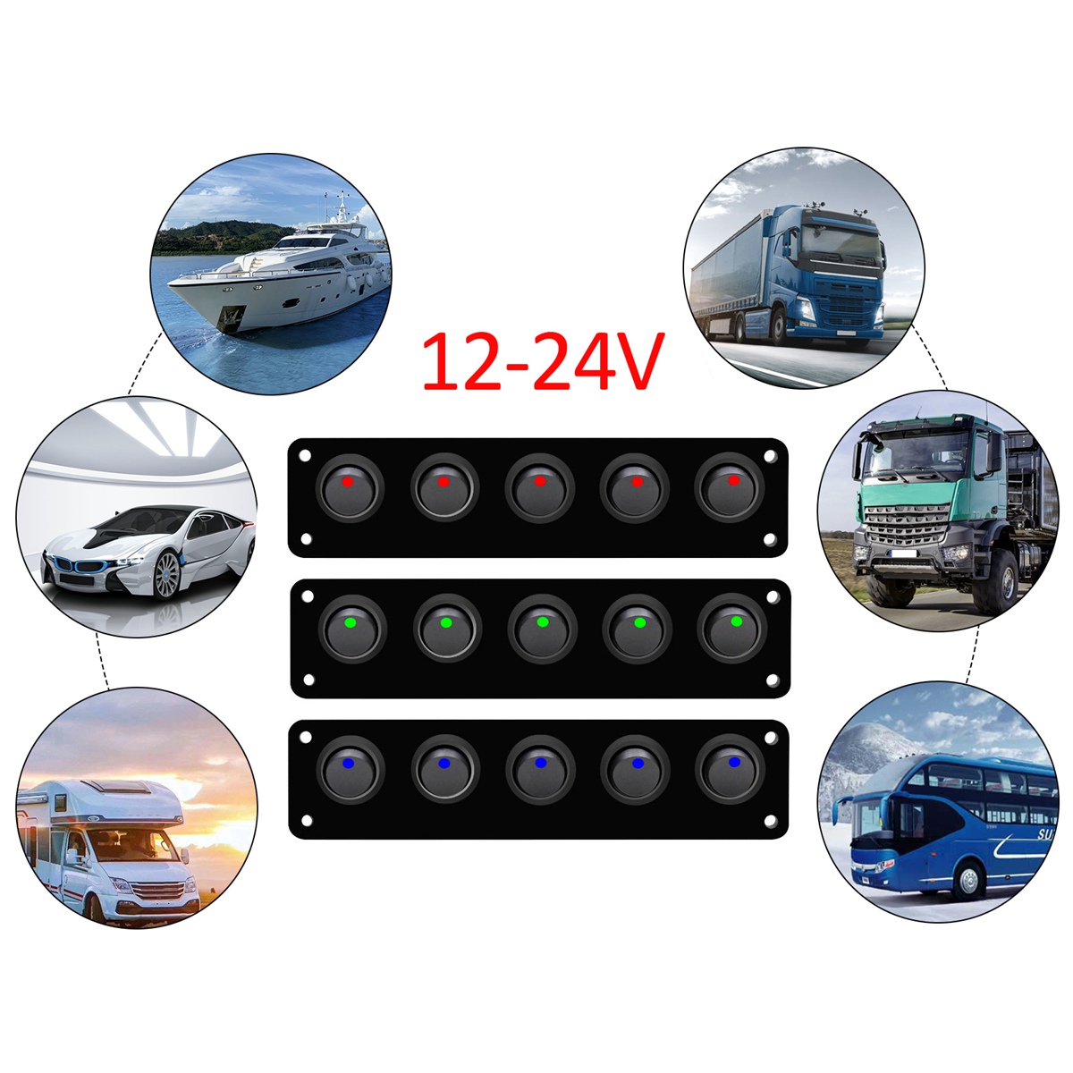Waterproof 5 Gang Accessories Round Dash Rocker Toggle Switch Panel for RV Ship Yacht Marine Car Marine Ship Red. 