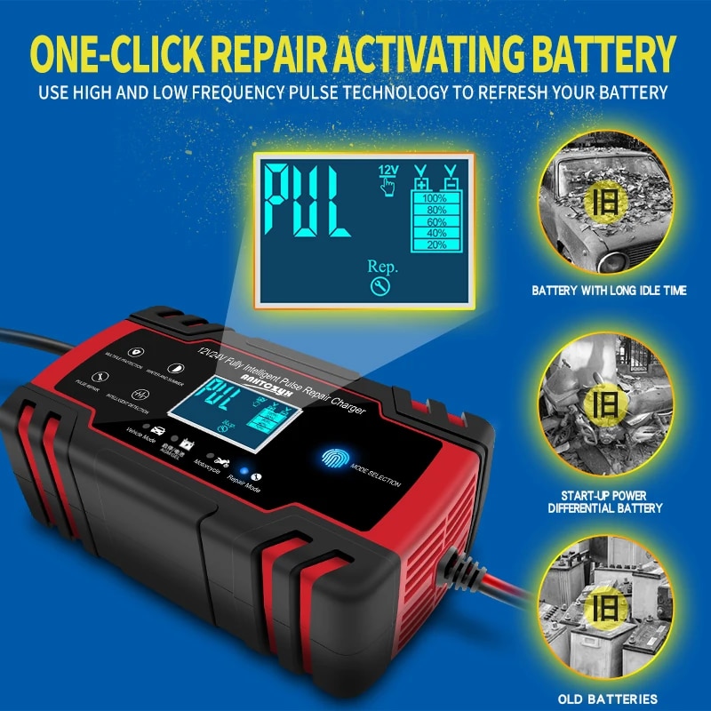ANHTCzyx Car Battery Charger 12v 8a 24v 4a Smart Fast Charging AGM GEL Wet Lead Acid LCD Battery Charger. 