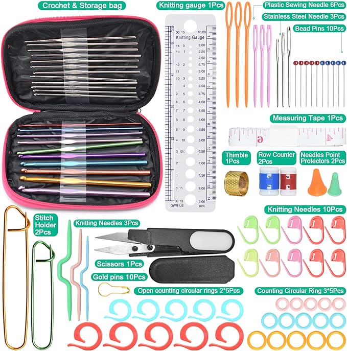 Crochet Hook Set | Different Sizes of Crochet Aluminum Hooks and Various Crocheting Accessories | Crocheting Set for Beginners and Experienced Crocheters. 