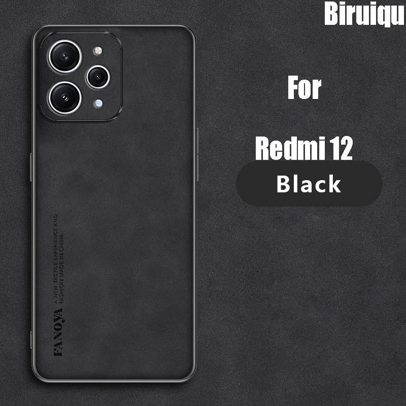 Biruiqu For Redmi 12 Lambskin Leather Pounch Silicone Shockproof Case Slim Back Cover