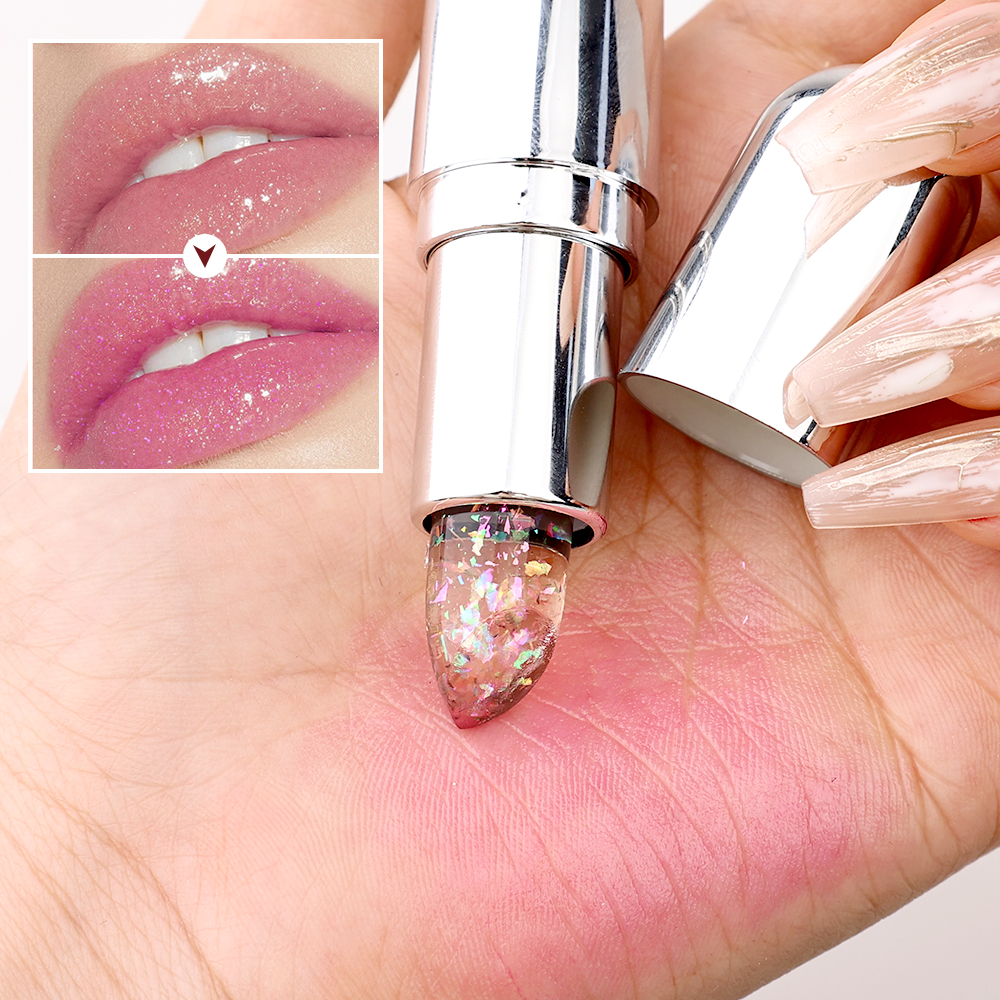 Soft Jelly Lipstick Color Changing Glossy Hydrating Moisturizing Glitter Lipstick Sparkling Sequins Turning Red Shade Lip Balm. 
