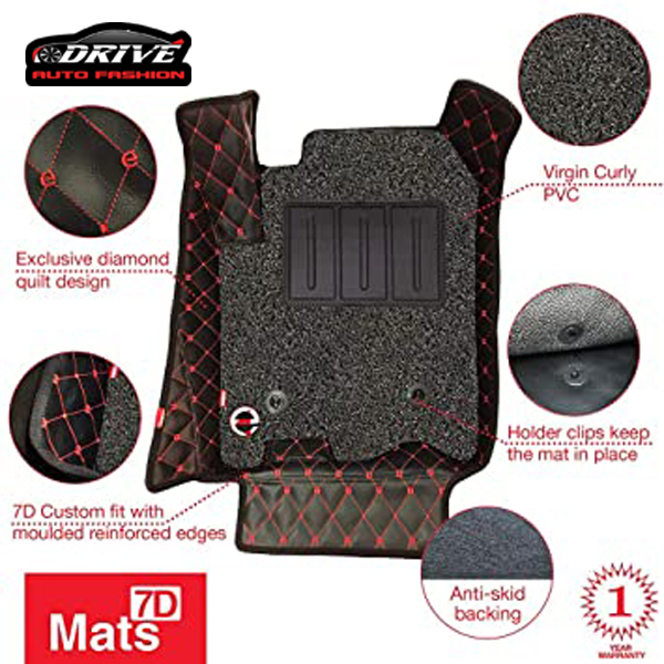 PVC LEATHER 7D CAR MAT , 7D Car Mats For 5 SeateR Luxurious car mats -BLACK & RED. 