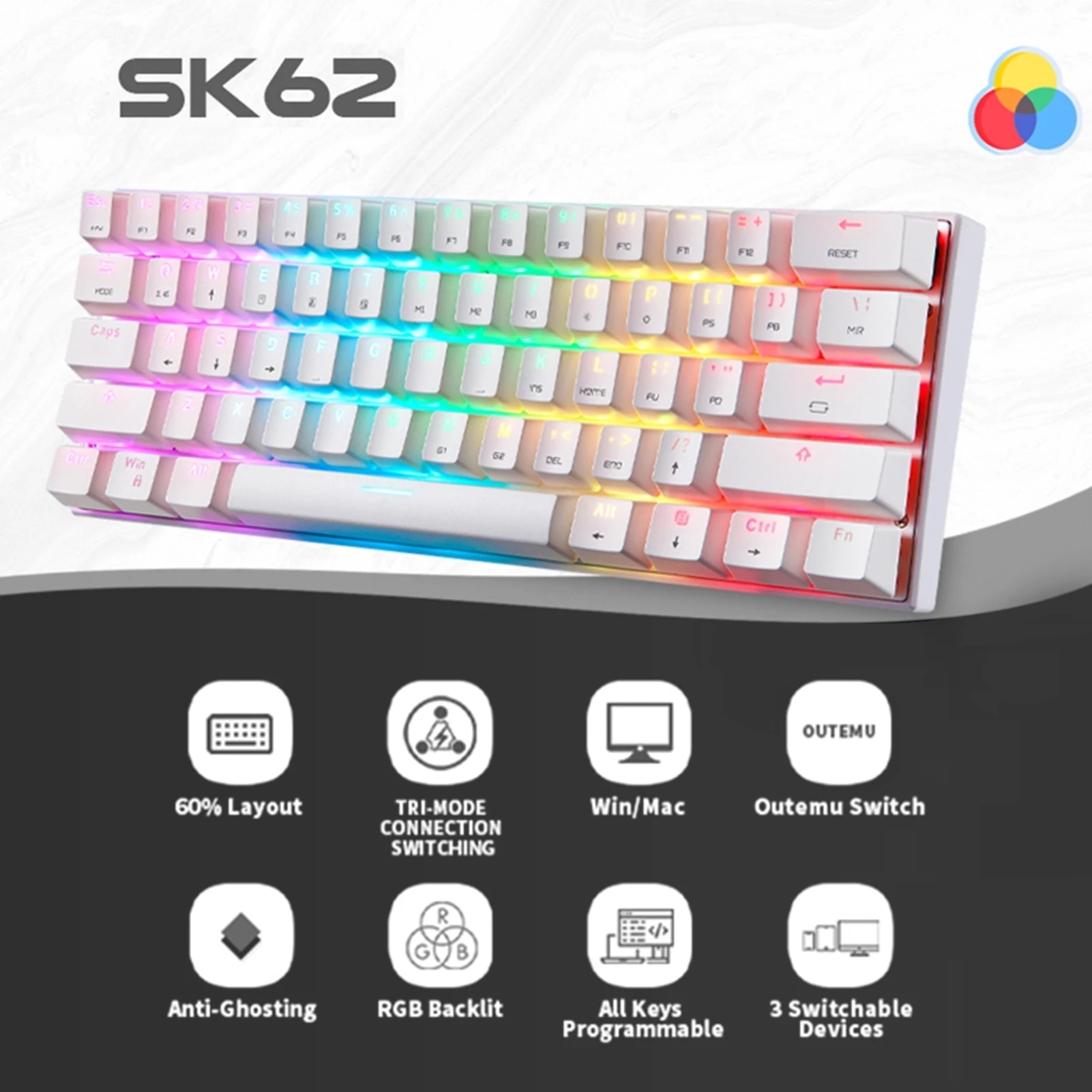 Motospeed SK62 BT Wireless Gaming Mechanical Keyboard 61 Keys RGB Backlight Red Switch Macro Drive For Laptop PC. 