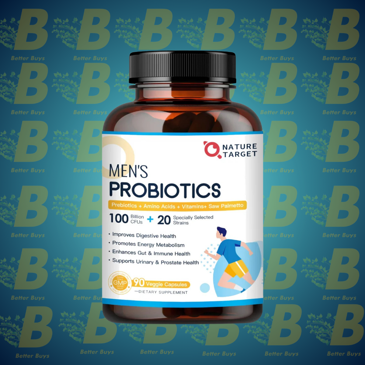 NATURE TARGET Probiotics for Men – 100 Billion CFUs, Enzymes & Prebiotics for Digestive, Prostate & Urinary Health with Saw Palmetto & Cranberry – 90 Veggie Capsules