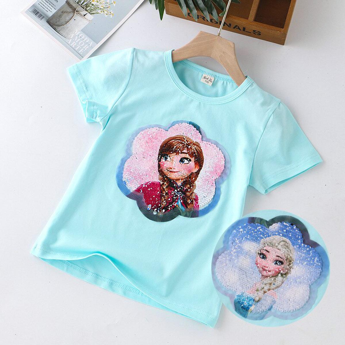 Summer Girls T Shirts Frozene Anna Elsa Princess Reversible Sequin Girls T-shirts  Color Short Sleeve Tees Children Kids Tops Clothes 2-8 yrs