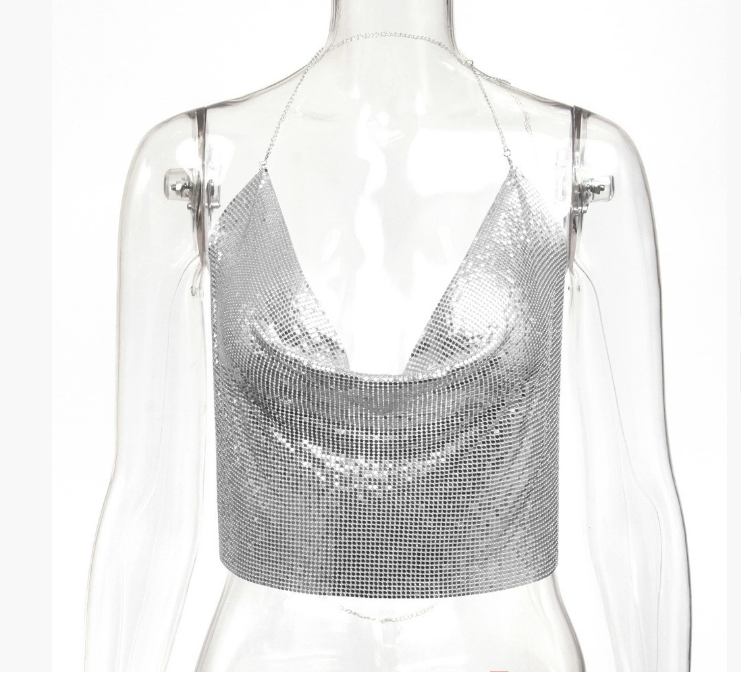 【DM bag factory Store】Womens Sling Top Metal Sequins Backless Blouse Cushion Belt Adjustable Halter Top for Female Nightclub Wear
