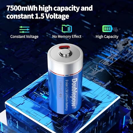 Doublepow Rechargeable 1.5V D/LR20/UM1 Size 7500mWh Lithium-ion Batteries with USB Type-C Port Direct Charging 1.5V D Li-ion Battery LR20 D Size Battery for Flashlight/Floodlight/Gas Stove - 2 Pieces. 