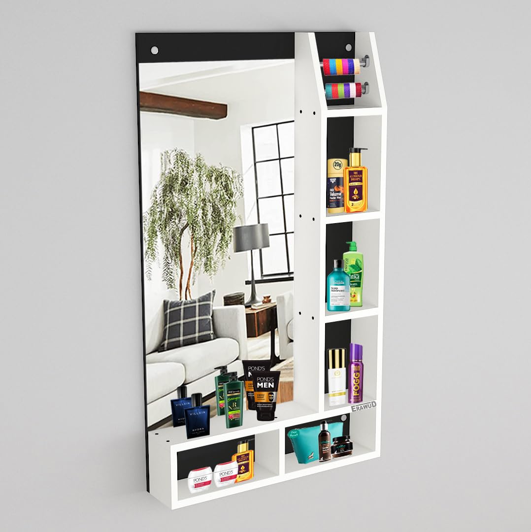 KBN INTERIORS Engineered Wood Melamine Board Matte Finish Rectangular Wall Mount Hanging Dressing Table Mirror with Shelf. 