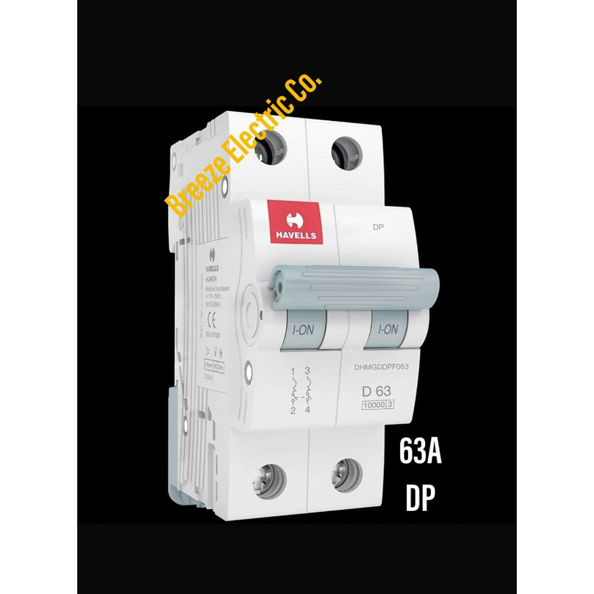 Havells Circuit Breaker 63A DP MCB.  Model: Euro-II. India.