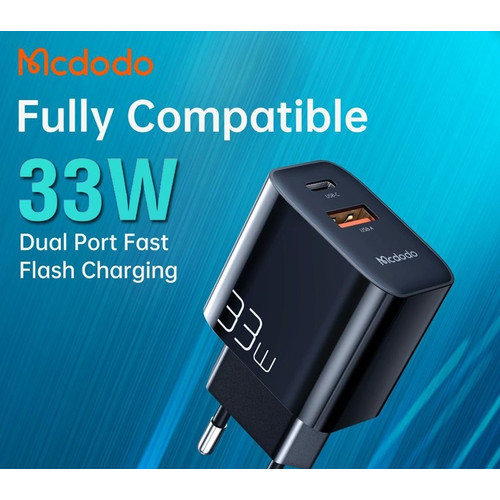 MCDODO CH-0921 MDD PD 33W USB-A + Type-C Dual Output Fast Charger Cell Phone Charger Adapter EU Plug.