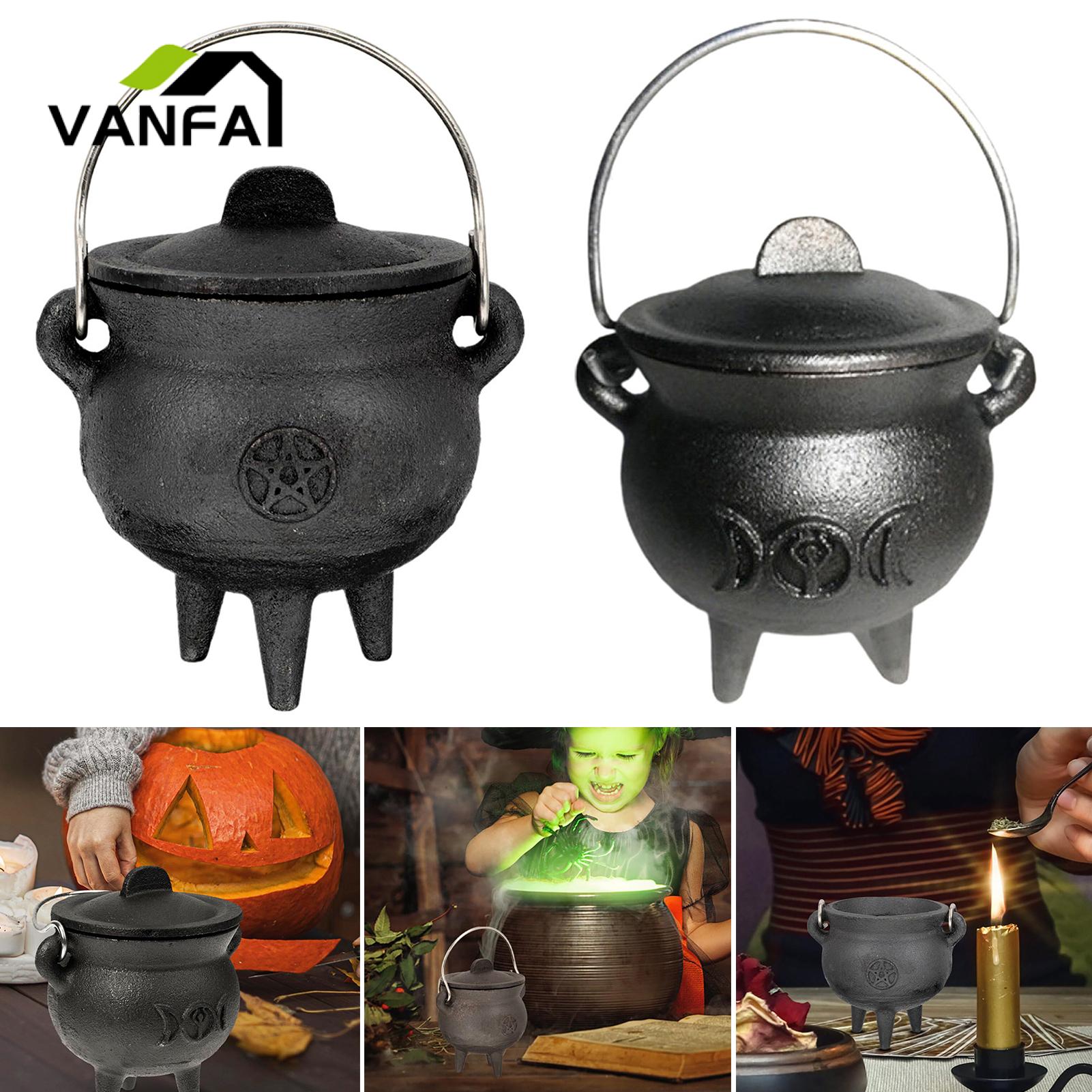 Witch Burning Pot Portable Mini Cast Iron Cauldron for Halloween Decor Incense Burning Heat-resistant Witch Pot with Lid Perfect Party Decoration Halloween Ornament