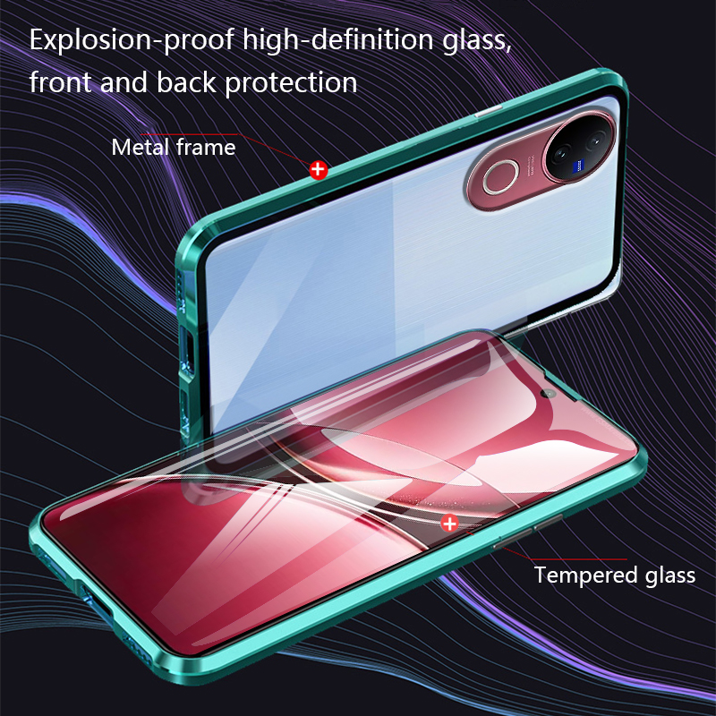 Biruiqu For VIVO V50 Magnetic Absorption Case Metal Frame Shockproof Double Sided Tempered Glass Magnetic Case Cover. 