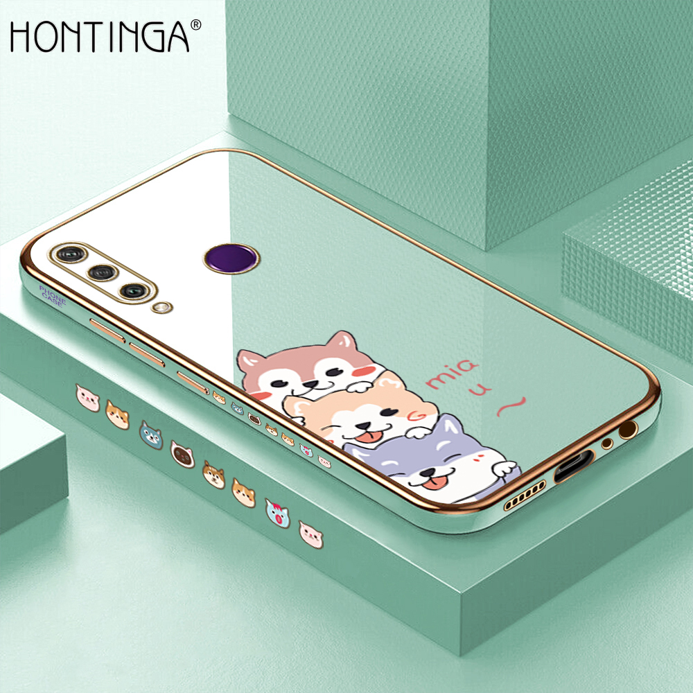 Hontinga for Huawei Y6P Back Cover + Free Lanyard Luxury 6D Plating Cute Cartoon Dogs Side Pattern Case Soft Silicone Square Phone Cases