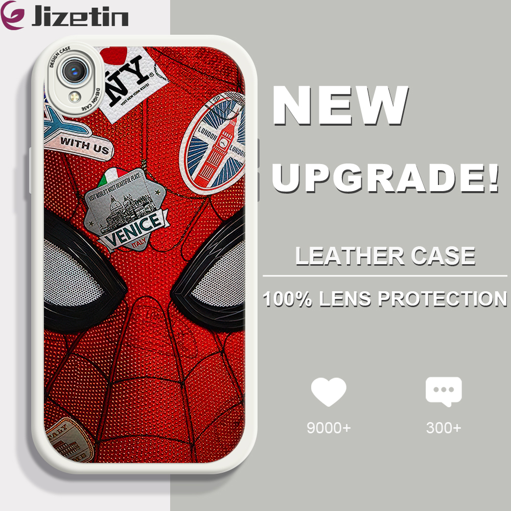 Jizetin for Vivo Y1S Y91C Y90 Back Cover Spider Man Lambskin Texture PU Leather Back For Girls Boys Soft Phone Case
