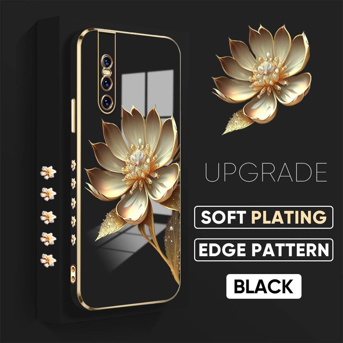 TA for Vivo V15 Pro Back Cover With Hand Strap Gold Lotus Flower Luxury 6D Plating Case Side Pattern Soft Silicone Square Mobile Cover