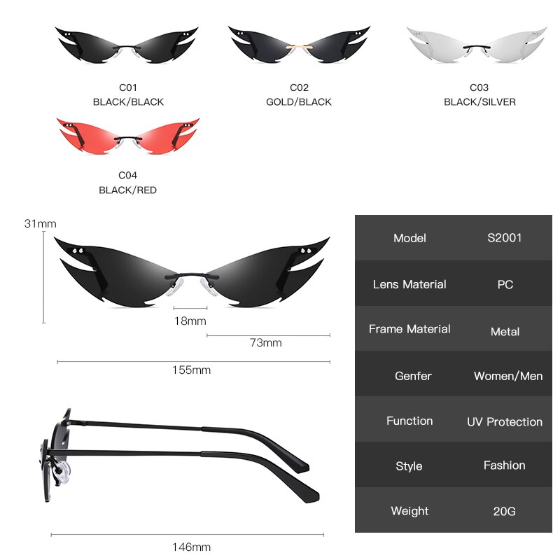 【happy one】C3 black silverLongKeeper 2020 Punk Style Sharp Shape Sunglasses Fashion Rimless Cat Eye Sun Glasses oculos feminino. 