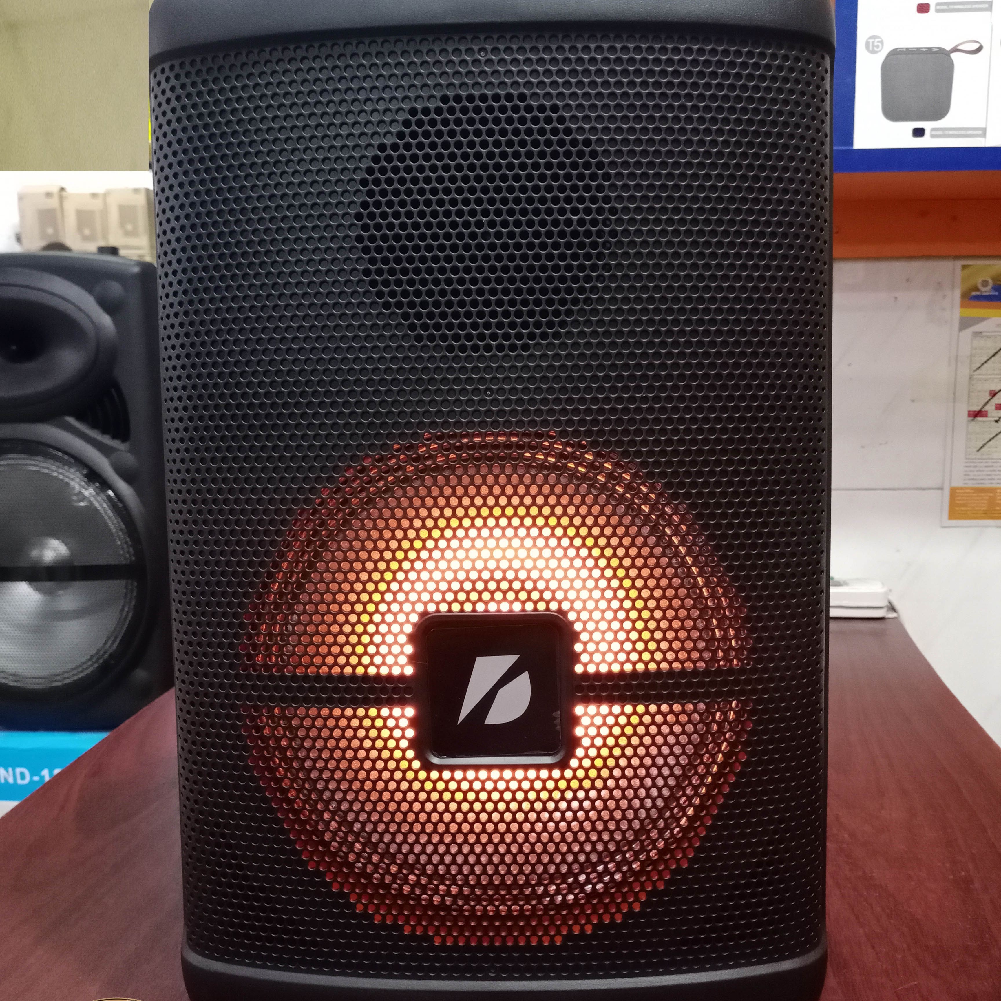 Rechargeable, portable, karaoke bluetooth speaker with remote and wireless microphone. 