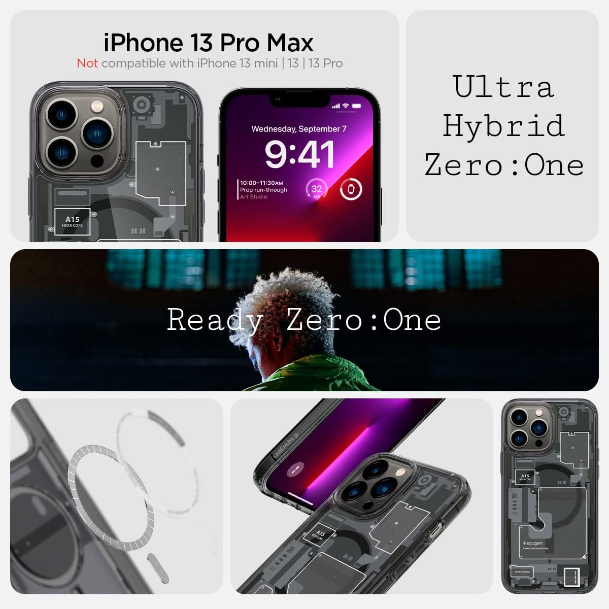 Spigen Ultra Hybrid Zero One Magfit Back Cover Case Compatible with MagSafe Designed for Apple iPhone 13 Pro Max 6.7 inches 2021 (TPU + Poly Carbonate | Zero One). 