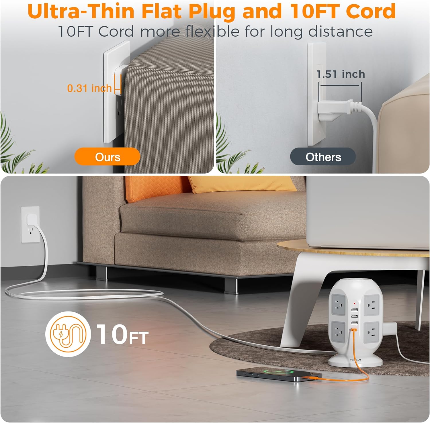 TESSAN Tower Surge Protector Power Strip with 8 Outlets 3 USB Ports 1 Type C 10ft Ultra Thin Flat Extension Cord for Home Office. 