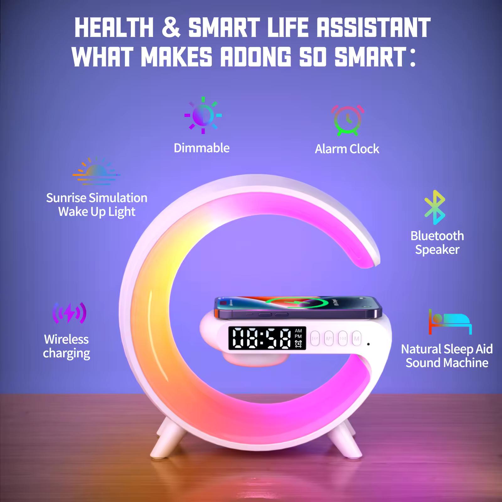 G Shape Clock RGB Light Bedside Lamp with Bluetooth Speaker & Wireless Charging – Multi-Function Home Decor. 