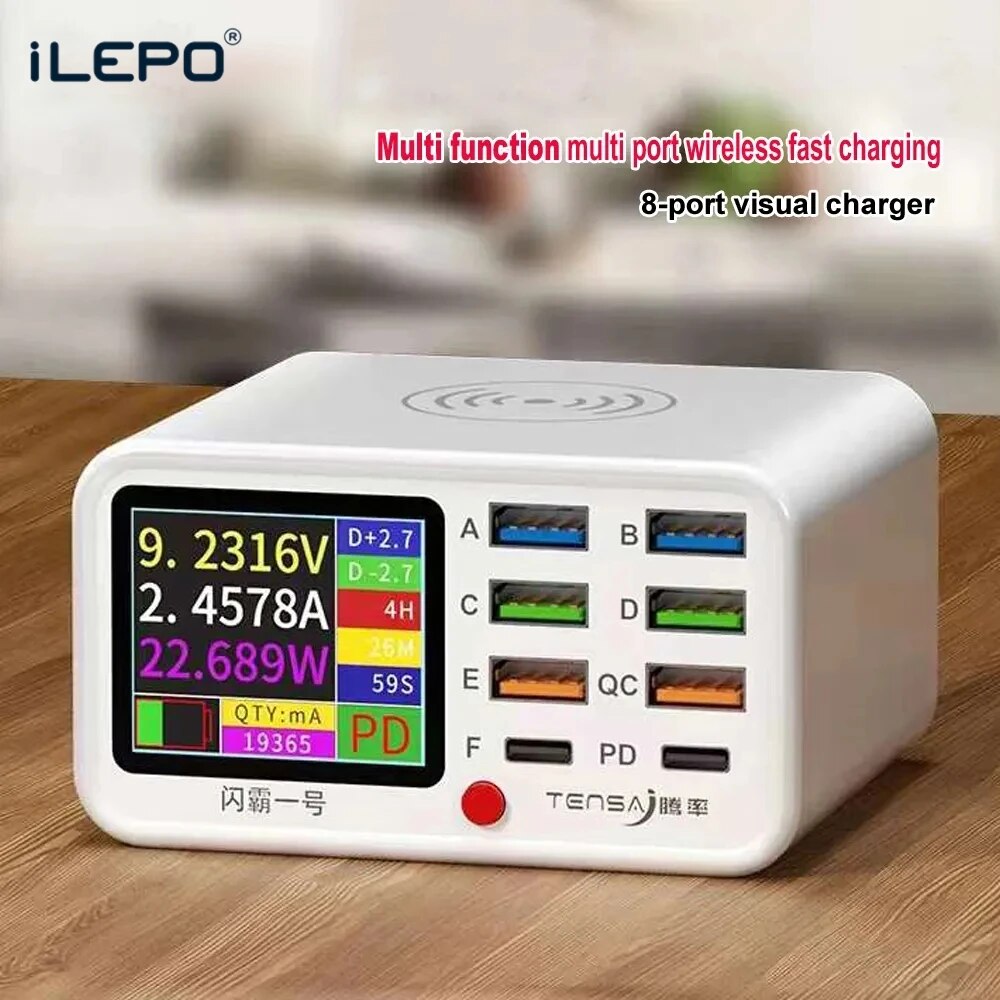 ILEPO Multi functional 8-port USB Wireless Fast Charging Visual Current Detection Charger For Mobile Phone iPad Flash Charging