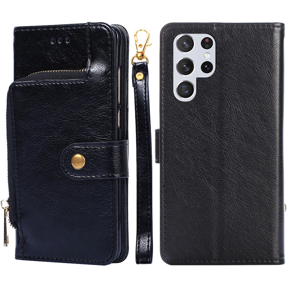 (COD)For Samsung Galaxy S22 Ultra 5G Zipper Bag PU + TPU Horizontal Flip Leather Case with Holder y Card Slot y Wallet y Lanyard