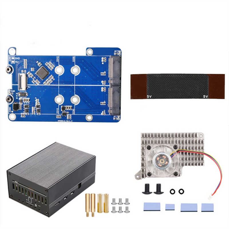 MPS2280D+Case+Pi5 Cooling Fan Support 2280/2242/2230 SSD Computer Accessories for 5 PCIE to M.2 Dual NVME SSD HAT