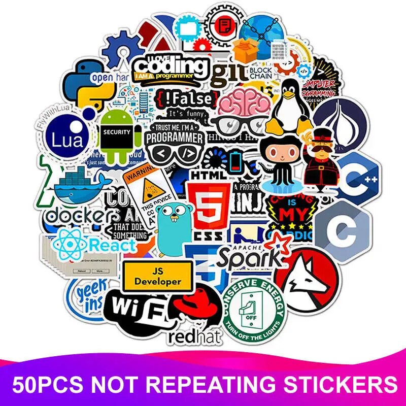 50pcs Pack Programmer Geek Java Computer Stickers Waterproof PVC Skateboard Suitcase Snowboard Laptop Sticker Kids Classic Toy