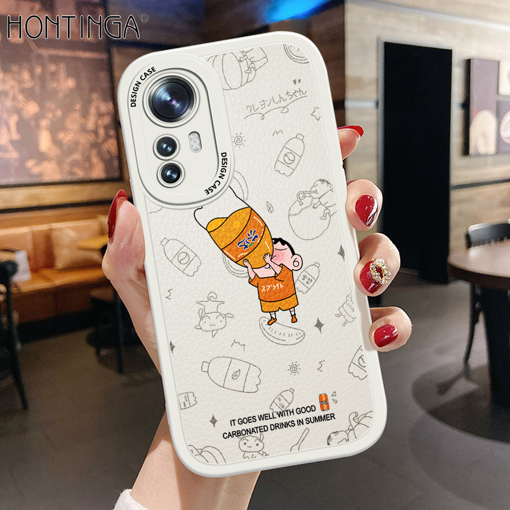 Hontinga for Xiaomi Mi 12 Pro Back Cover PU Leather Crayon Shin-chan Drink Print Case Soft Silicone Edge Phone Cases