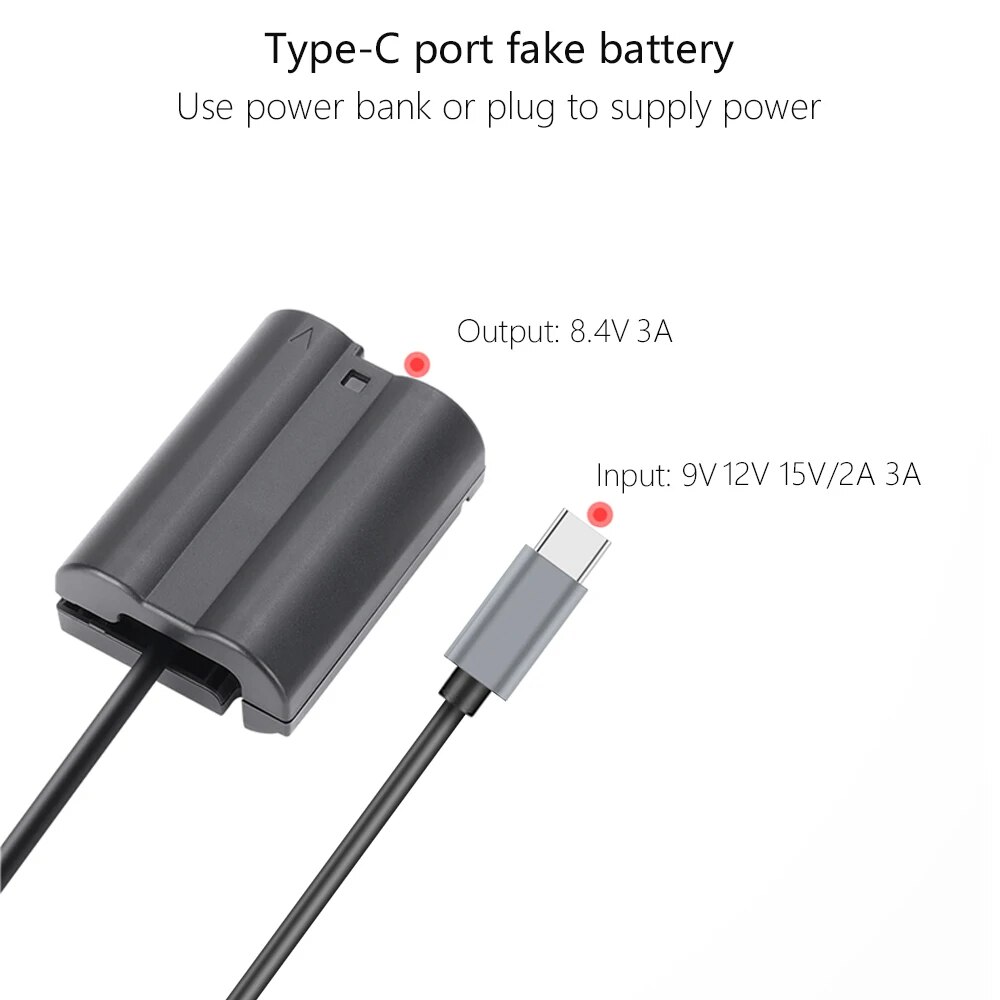 EN-EL15 Dummy Battery USB C DC Power AC Adapter for Nikon D7000 D7100 D7200 D750 D800E D810A Z5 Z6 Z7 II Camera. 