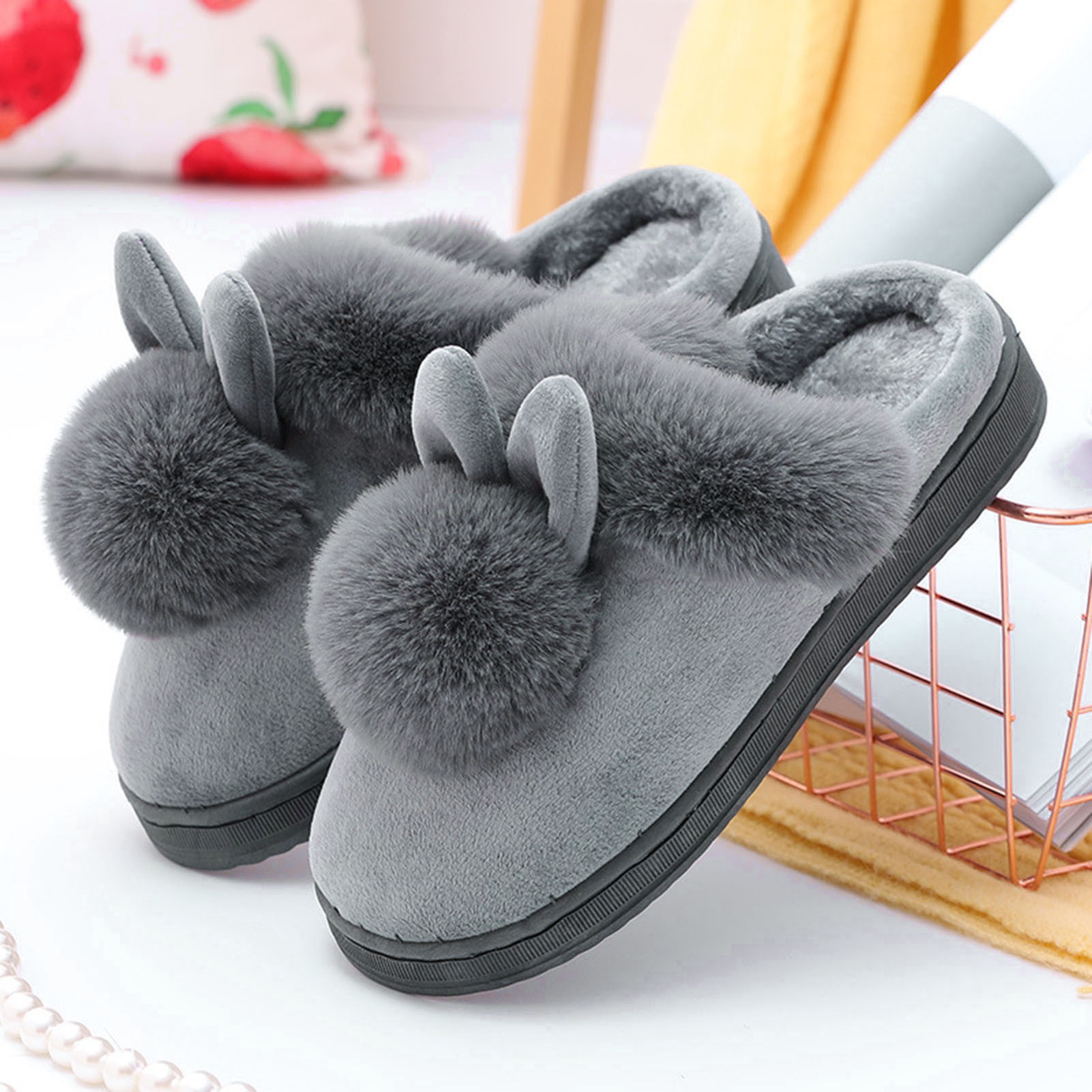 Mosbeha Warm Slippers Candy Color Slip-on Fluffy Slippers Winter Shoes. 