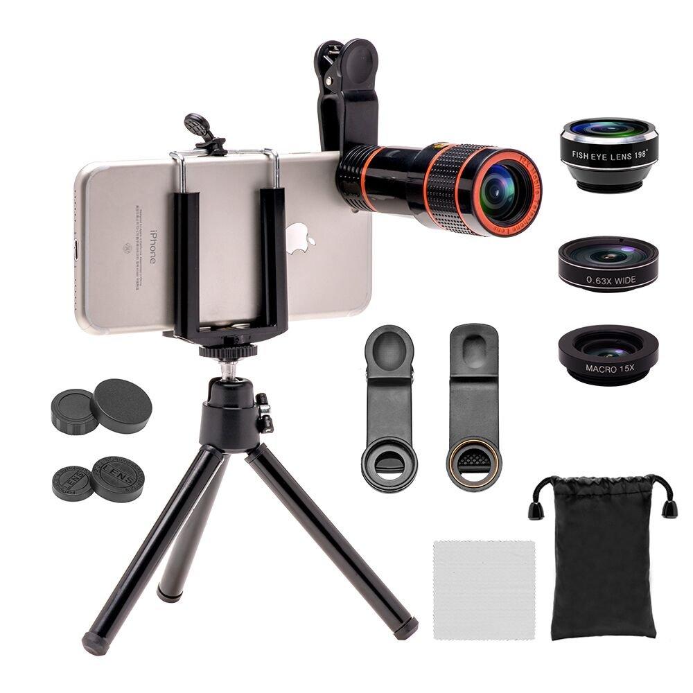 APEXEL APL - HS12XDG3ZJ Cell Phone Camera Lens Kit 4 in 1 12X Telephoto Lens with Tripod Wide Angle Macro Fisheye - Black. 