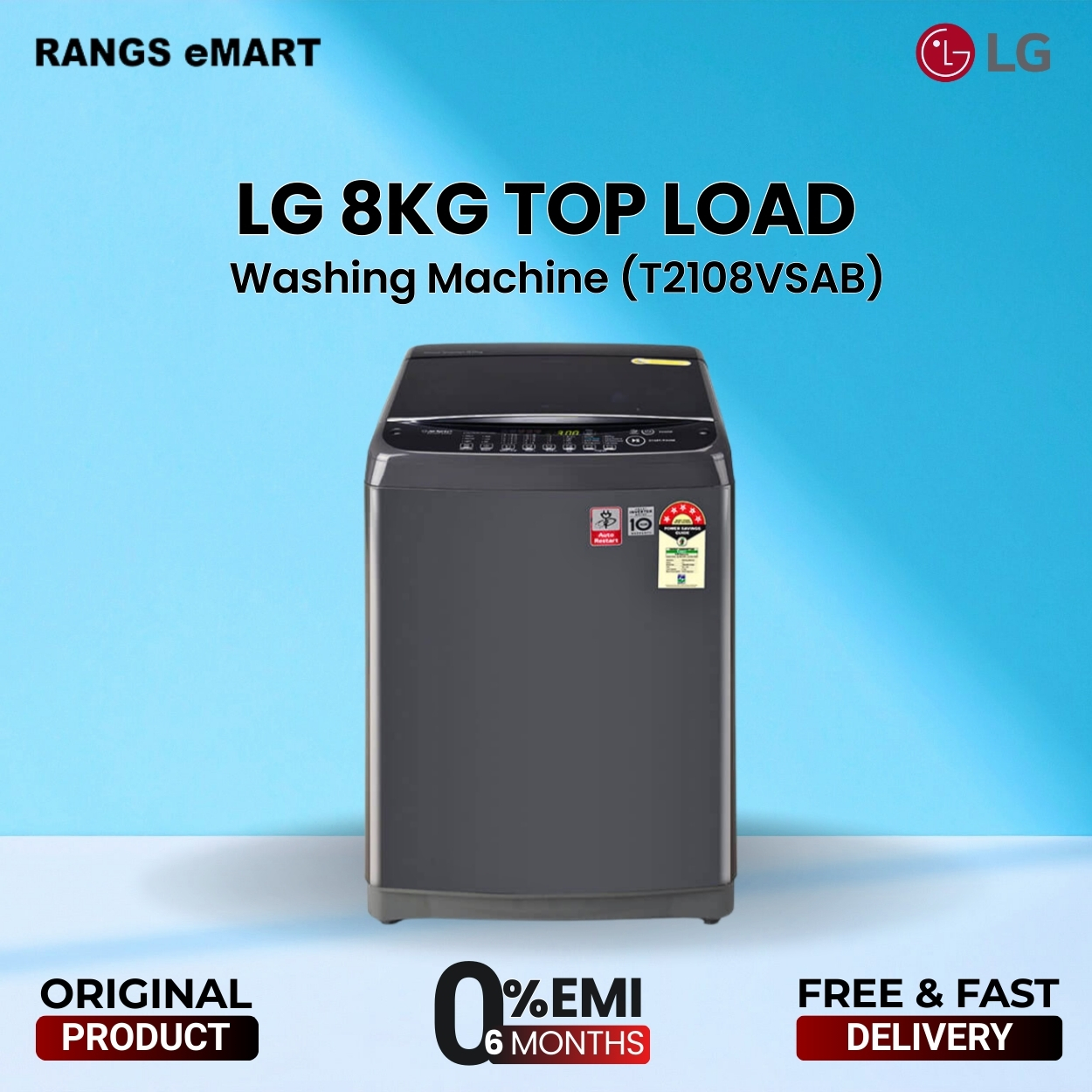 LG Official 8KG WASHER T2108VSAB with Free Delivery and Free Installation and EMI Facility