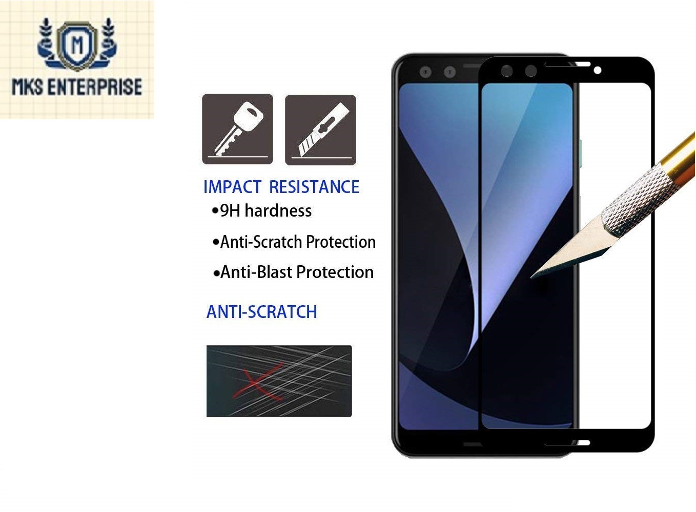 Google Pixel 3 Tempered Glass Screen Protector 6D / 9D / 11D  - Black. 