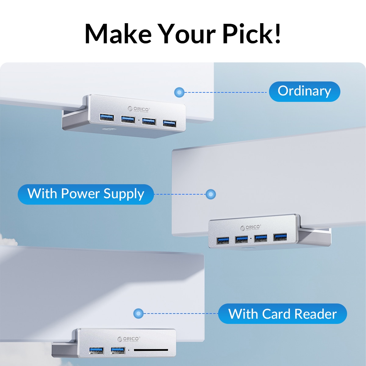 ORICO Clip-type USB 3.0 HUB Aluminum External Multi 4 Ports USB Splitter Adapter for Desktop Laptop Computer Accessories(MH4PU). 