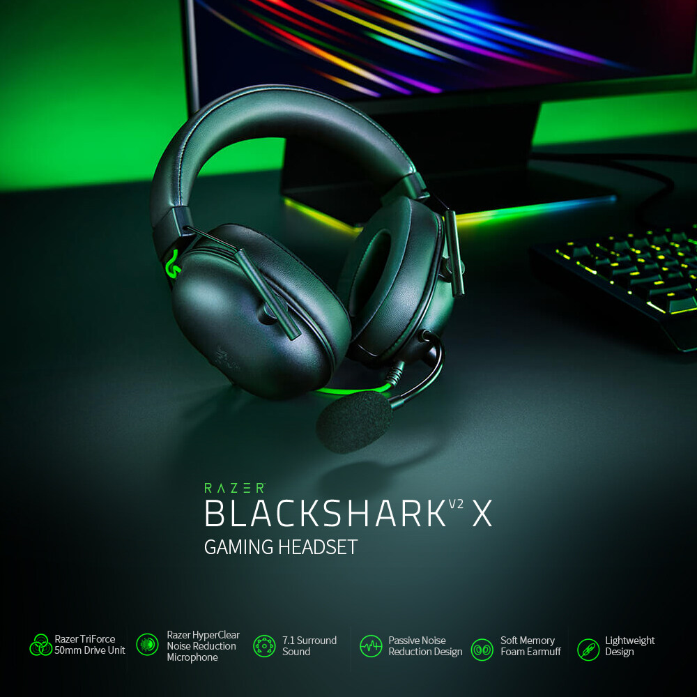 Razer BlackShark V2 X Wired Gaming Headset with Razer TriForce 50mm Driver HyperClear Noise Reduction Mic 7.1 Surround Sound. 