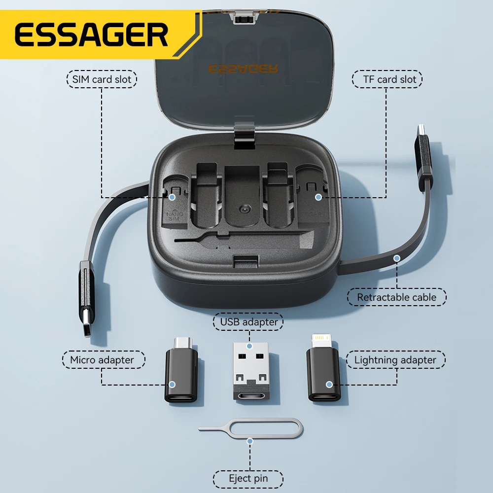 Essager USB C To Tpye C Cable PD 60W for xiaomi poco Fast Charging Data Travel Multi Functional Cord With Holder Storage Box. 