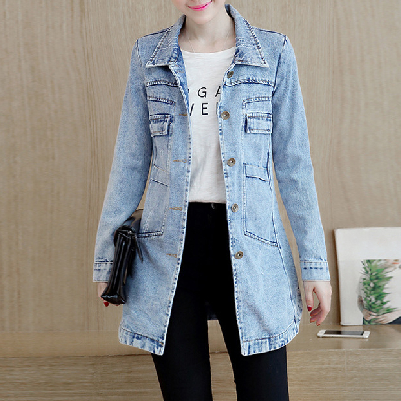 Ladies long hot sale denim jacket