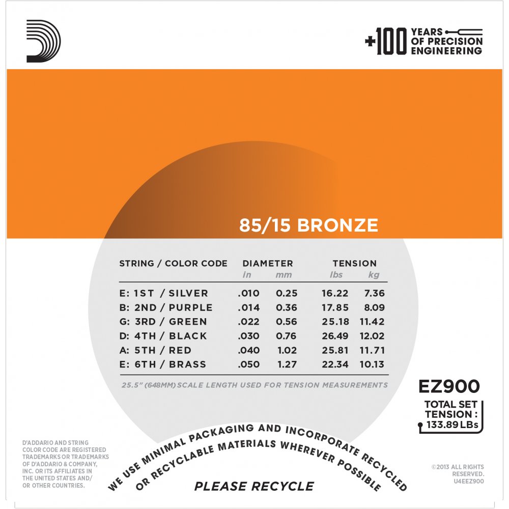D'Addario EZ900 85/15 Bronze Extra Light Gauge .010-.050  Acoustic Guitar Strings Set. 