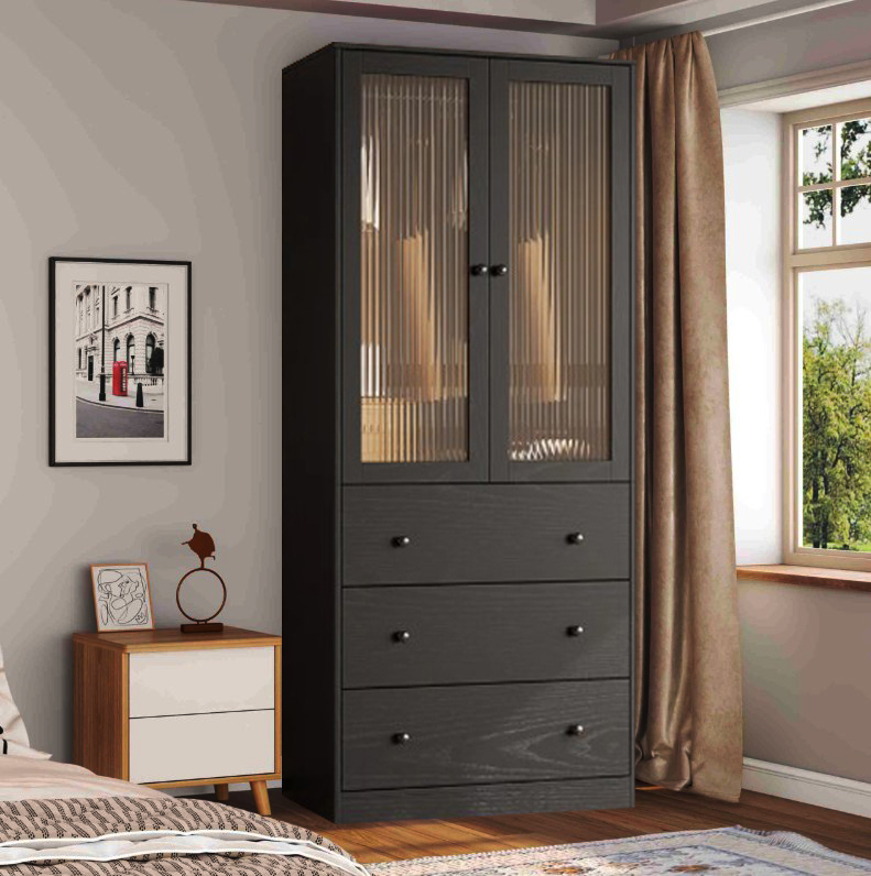 Modern Armoire 2 in 1 wardrobe — Black 2 Door Fluted Glass Hanging Road with 3 Drawer Storage Wardrobe, 2 Part Glass Almirah Hanging Road with Srorage Drawer Almari