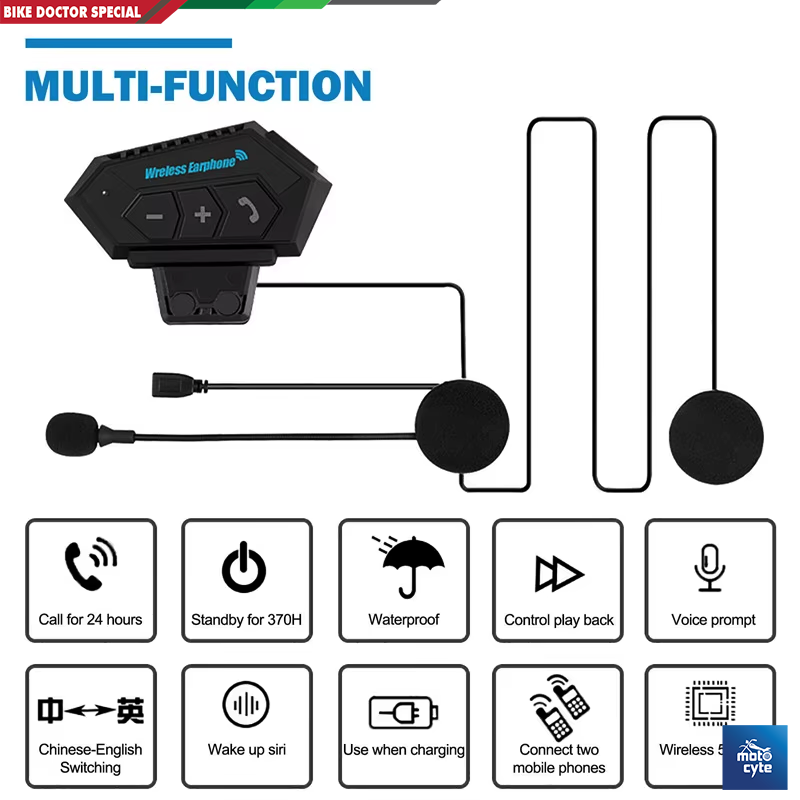 Motorcycle Helmet Communicator Intercom Headset Music Interphone Bluetooth 5.0  Waterproof, Hands-Free, Long Battery Life (Not Device to Device). 