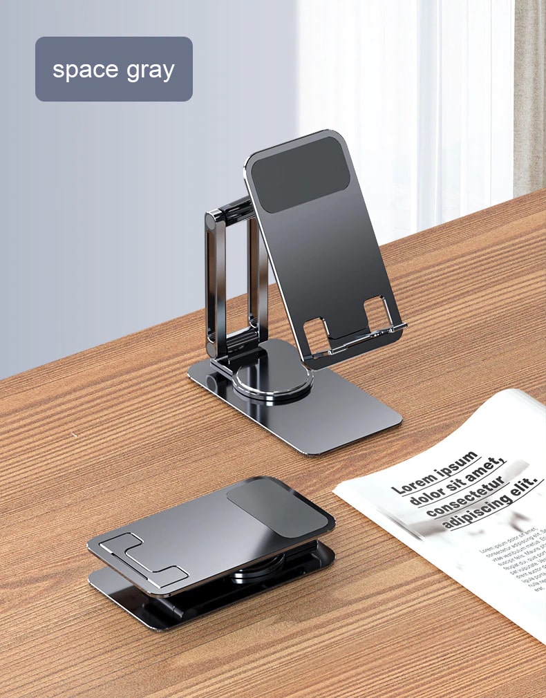360 rotate Aluminum mobile and tablet stand: Adjustable, Compact, and Universally Compatible. 