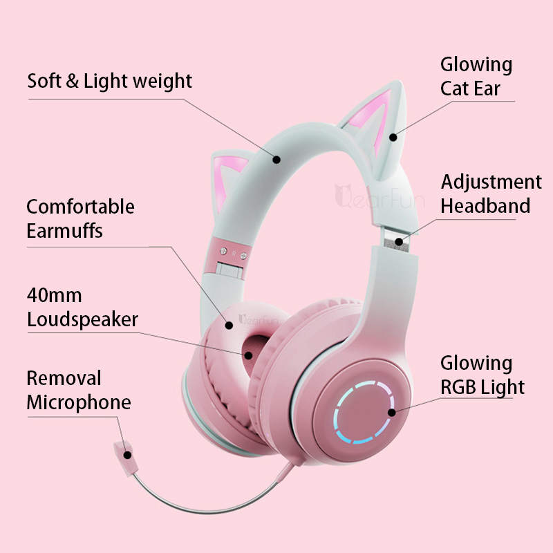 QearFun Gradient Pink Cat ear Headphones with Mic for Kawaii Girls