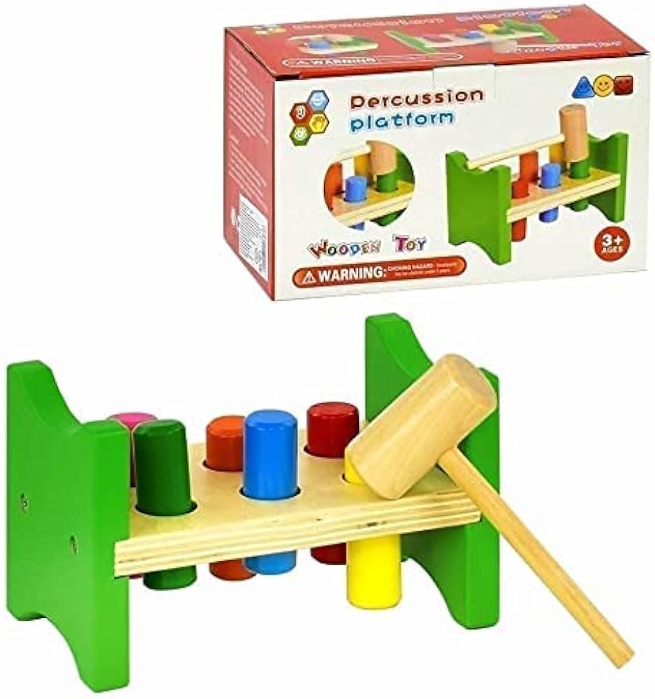 Wooden Hammer and Peg Toy Pounding Bench Hammering Block Punch Drop Instruments with Mallet for Early Educational of Toddlers Kids- Multi Color