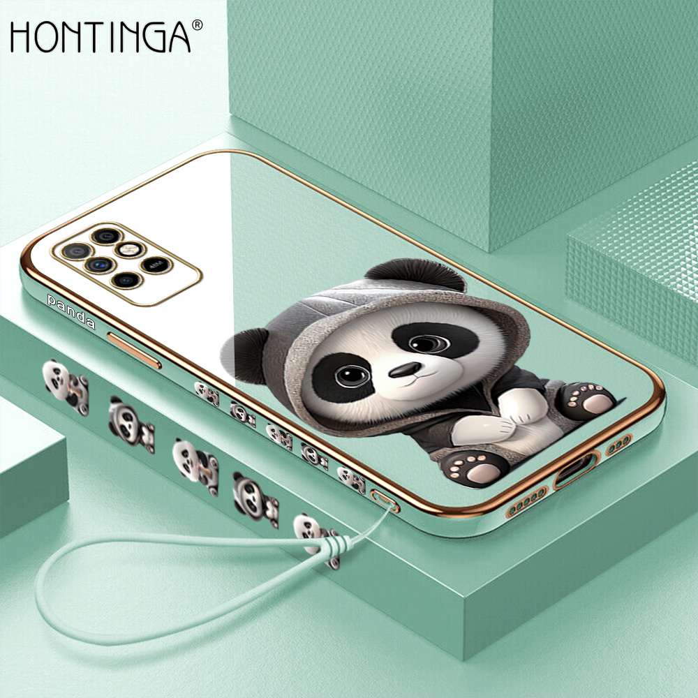 Hontinga for Infinix Note 8I Back Cover With Free Strap Luxury 6D Plating Cute Panda Side Pattern Case Soft Silicone Square Mobile Cover