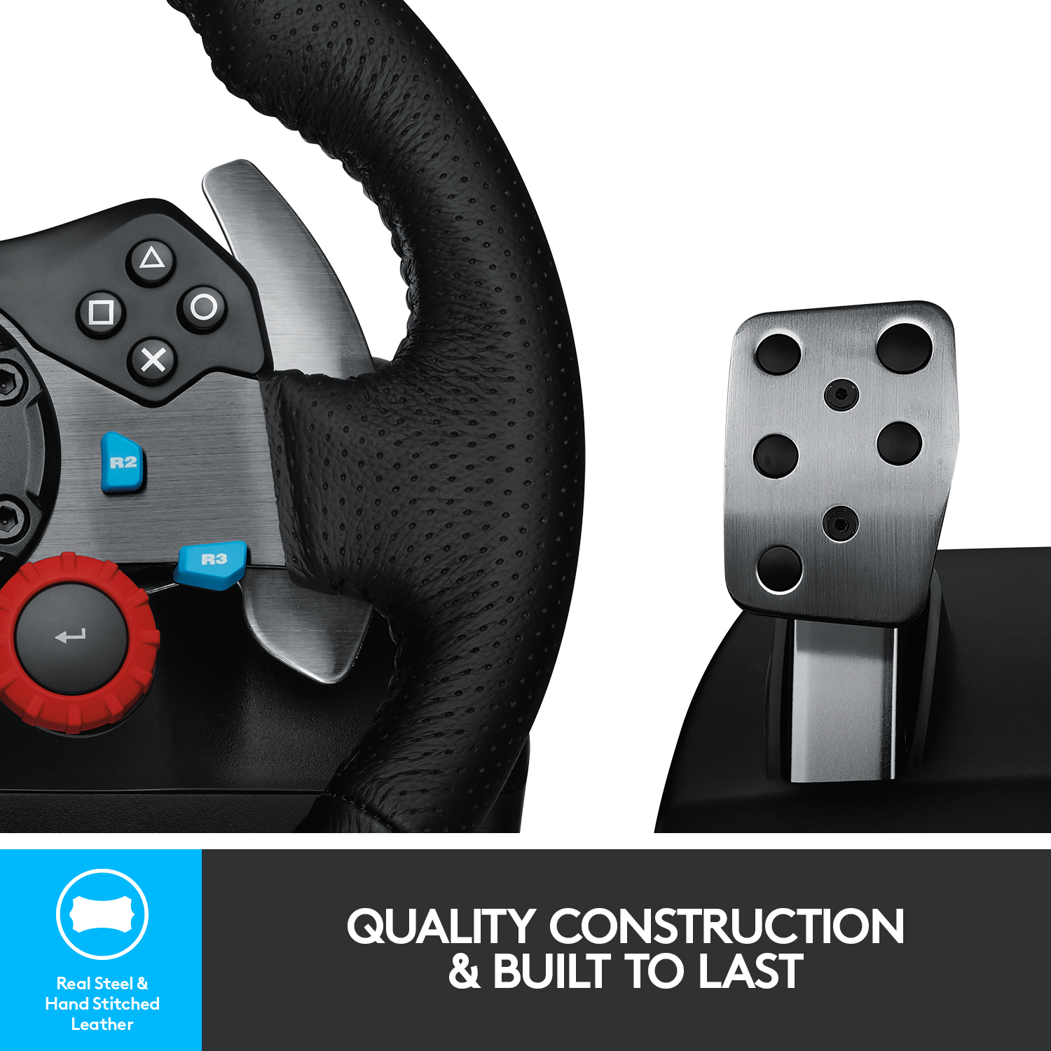 Logitech G29 Driving Force Racing Wheel and Floor Pedals, Real Force Feedback, Stainless Steel Paddle Shifters, Leather Steering Wheel Cover for PS5, PS4, PC, Mac. 
