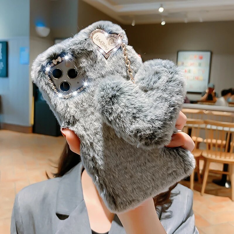 Luxury Plush Rabbit Fur Phone Case For Google Pixel 6 Pro 6A 7 7A 8 Shiny Diamond Lens Frame TPU Back Cover Fundas. 