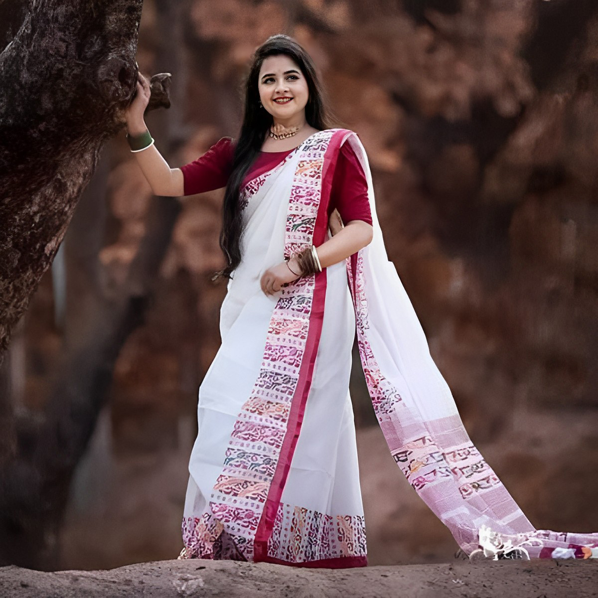 Half Silk Tangail Saree - White color saree with Red Par - Perfect For All Seasons and Occasions