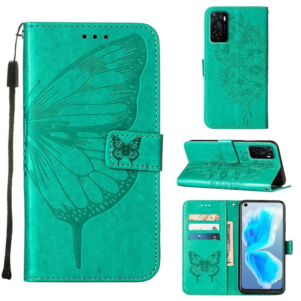 lthmy for OPPO A55S 5G Butterfly PU Leather Flip Wallet Card Slots with Hand Strap Stand Cover case